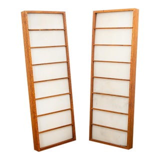 1960s Mid Century Modern Panel Ceiling Lamp Set Pair Light Oak Wood Slat Two Fixture For Sale