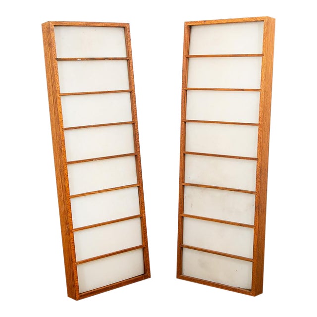 1960s Mid Century Modern Panel Ceiling Lamp Set Pair Light Oak Wood Slat Two Fixture For Sale