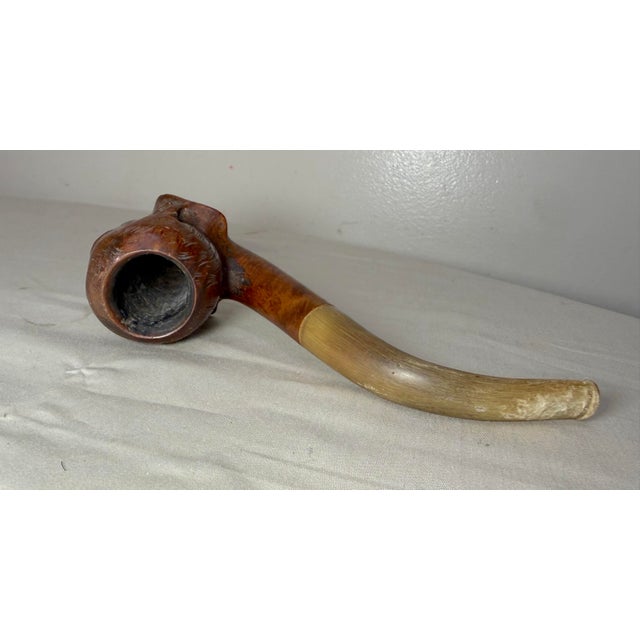 Wood Antique 19th Century Hand Carved Burl Wood Horn Figural Man Face Smoking Pipe For Sale - Image 7 of 15