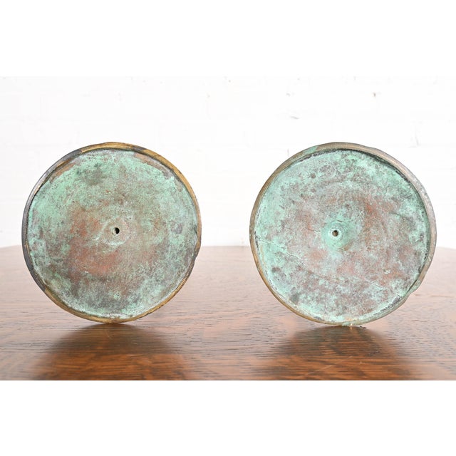 Tiffany Studios New York Bronze and Green Favrile Glass Puddle Candlesticks, Pair For Sale - Image 10 of 12