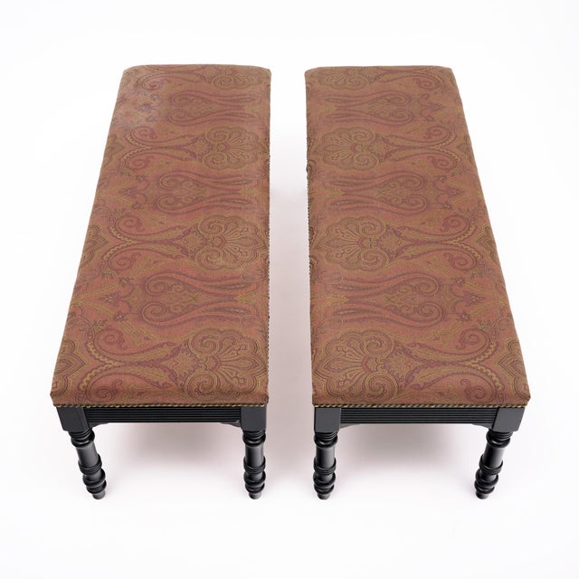 1900 - 1909 Pair of French Napoleon III Style Mahogany Upholstered Storage Benches, Circa 1900 For Sale - Image 5 of 9