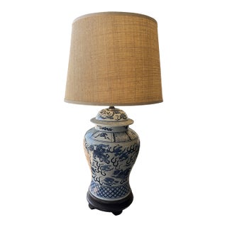 Late 20th Century Blue & White Chinoiserie Porcelain Ginger Jar Table Lamp With Woven Shade For Sale