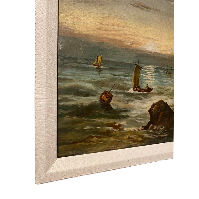 Textile Mid-Century Sea Oil Painting With Linen Frame For Sale - Image 7 of 9