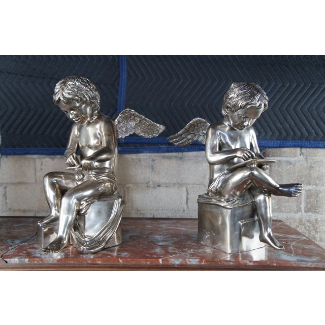 Set of 2 Vintage Large Neoclassical Silver Holloware Figural Cherub Angel Bookends Sculptures For Sale - Image 9 of 12