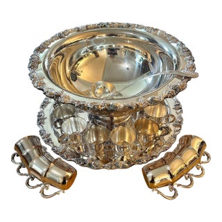 Late 20th Century Monumental Sheridan Harvest Grape Silverplate Punch Bowl Set With Underplate and 20 Cups & Ladle For Sale