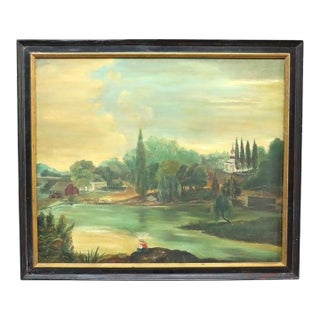 Antique Oil on Canvas Folk Art Painting of a Rustic Country River Village C1890 For Sale