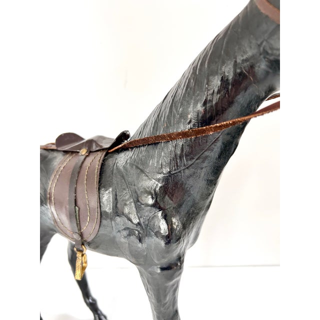 Animal Skin Vintage Black Horse Sculpture With Leather Saddle & Bridle – Equestrian Decor – Ralph Lauren Style Library Accent For Sale - Image 7 of 12