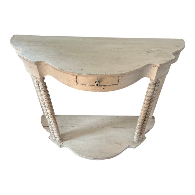 Distressed White Painted Country Demilune Console Table For Sale