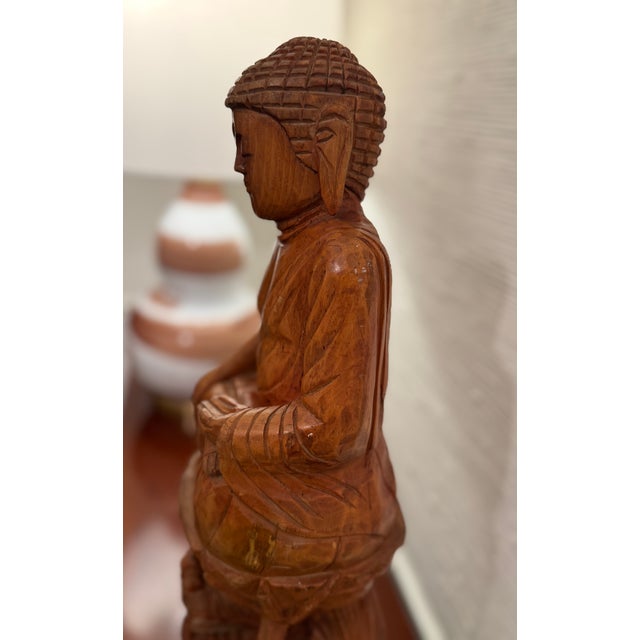 Early 20th Century Antique 25" H Large Hand Carved Wooden Buddha Statue For Sale - Image 9 of 12