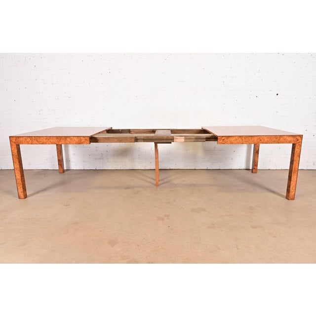 Milo Baughman Style Burl Wood Parsons Extension Dining Table, Newly Refinished For Sale In South Bend - Image 6 of 15