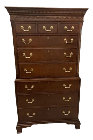 Late 20th Century Councill Craftsman Chinese Chippendale Tall 9-Drawer Dresser or Highboy in Banded Mahogany