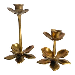 Vintage Brass Rose Candle Holders a Pair For Sale