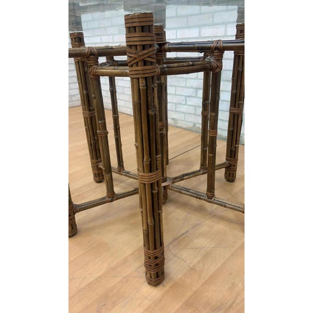 Wood Vintage Bamboo and Leather With Glass Top Hexagonal Dining Table Styled After McGuire For Sale - Image 7 of 8