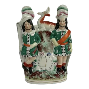 Antique Staffordshire Hunters With Clock and Deer Figurine