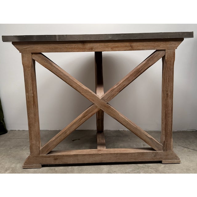 Demi-Lune Console in Driftwood Finish With Metal Top For Sale - Image 4 of 11