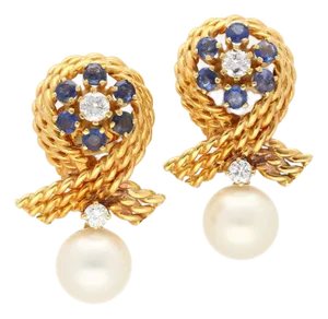 14k Gold Textured Ribbon Motif Natural Pearl, Diamond and Sapphire Stud Earrings, A Pair