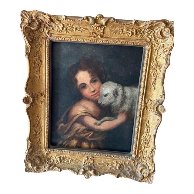 Oil on Canvas “After Murillo” 1847 Infant St. John With a Lamb For Sale