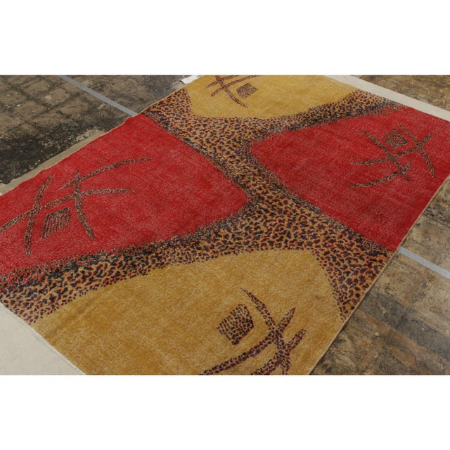 Traditional 1960s Vintage Art Deco Rug in Red, Gold-Yellow Distressed Geometric Pattern For Sale - Image 3 of 8