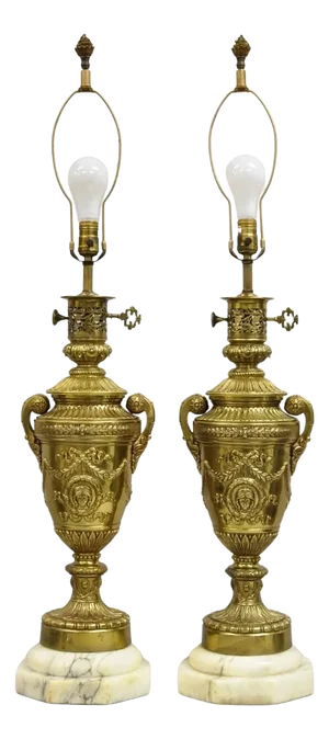 Antique French Neoclassical Gilt Bronze Figural Twin Handle Urn Table Lamp Pair