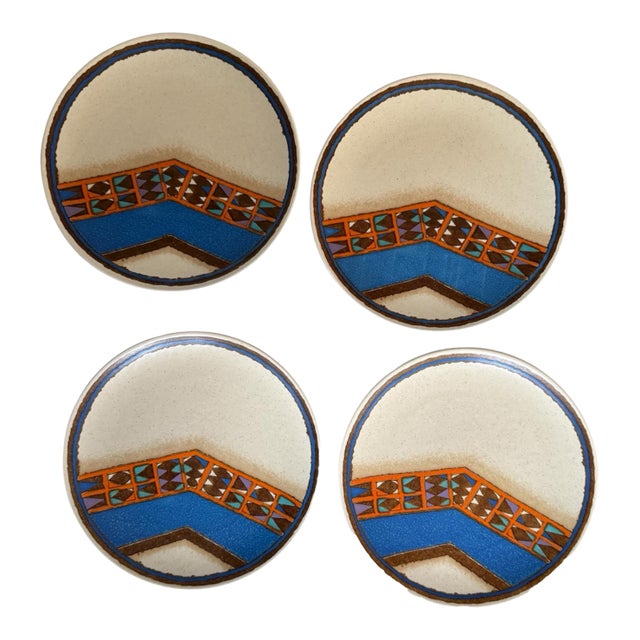 1970s Mikasa Indian Feast Teepee Dinner Plates 10.75 Inch Stoneware Japan - Set of Four (4) For Sale