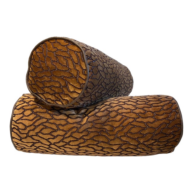 Custom Pair of Bolster Pillows With Lush Patterned Velvet and Leather Trim For Sale