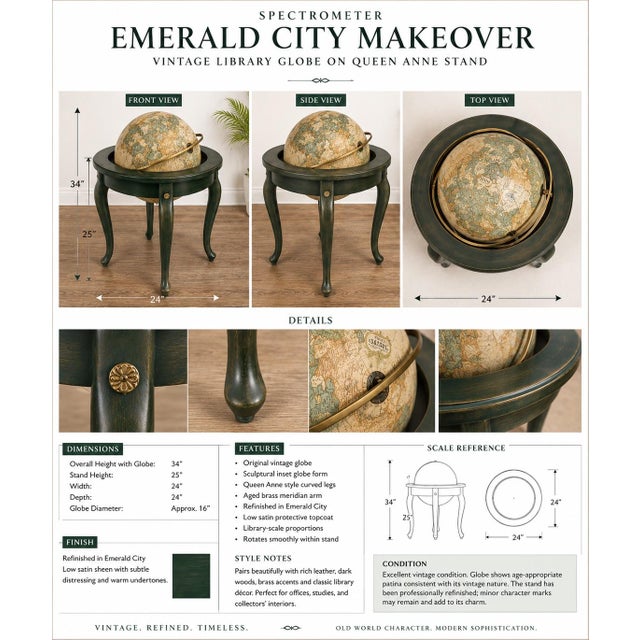 A dramatic vintage library globe elevated on a sculptural Queen Anne-style stand, refinished in our Emerald City finish —...