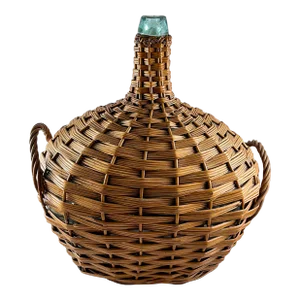 Giant French Oval Wicker Clad Blown Aqua Glass Carboy or Demijohn, Circa 1900