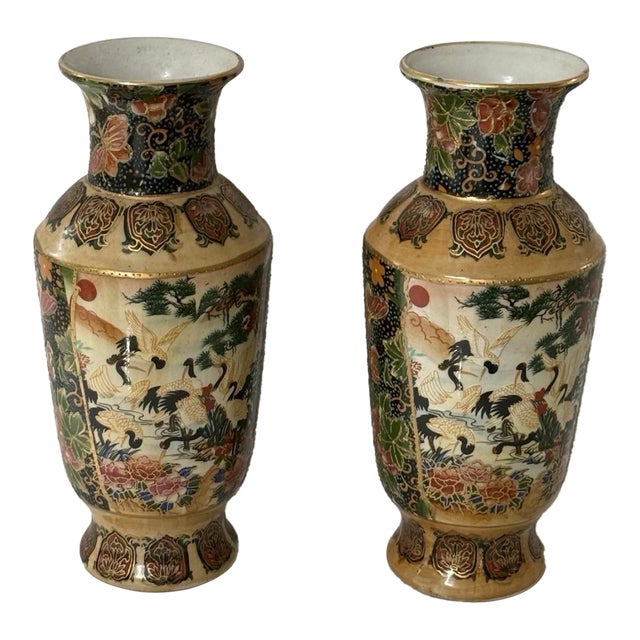 Vintage Chinese Satsuma Moriage Vase Hand Painted Cranes Floral Gold Gilt Set For Sale