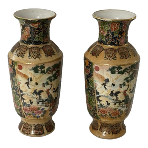 Vintage Chinese Satsuma Moriage Vase Hand Painted Cranes Floral Gold Gilt Set