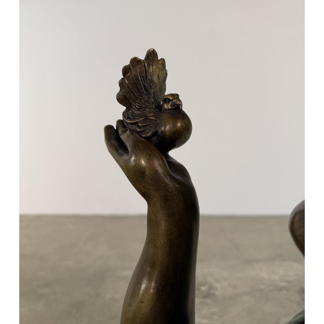 Figurative Bronze Garden Girl With Bird Sculpture – Verdigris Dress, 25” H Outdoor Statue For Sale - Image 3 of 9