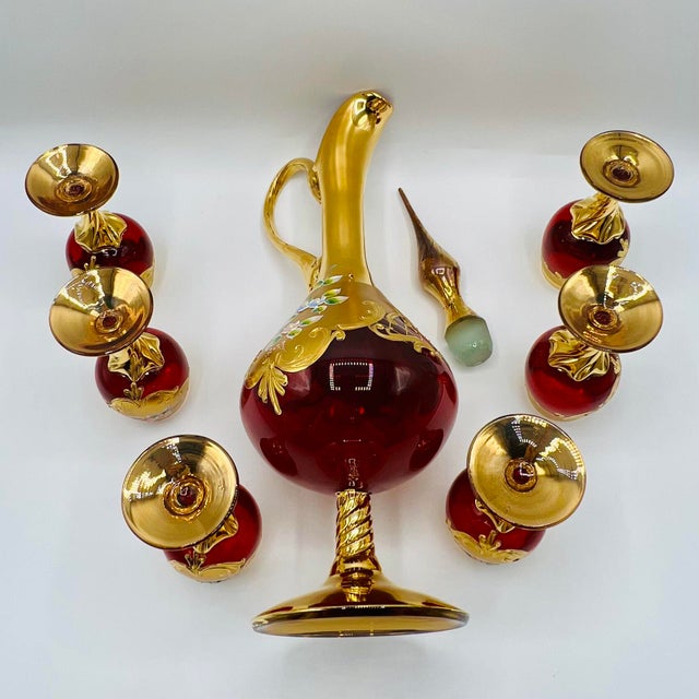 Ruby Red Murano Glass Tre Fuochi Decanter and Liqueur Service, 1950s, Set of 7 For Sale - Image 10 of 14