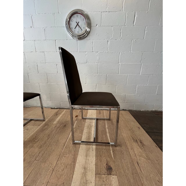 Brown Set of 4 Modern Chrome Dining Chairs in Brown Ultrasuede, Milo Baughman Style For Sale - Image 8 of 8