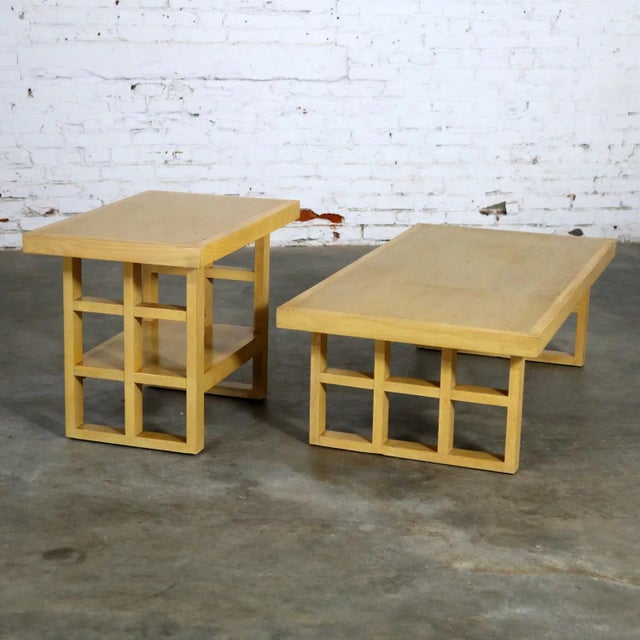 Wood Mid Century Modern Blonde Oak Window Pane End Table and Coffee Table Pair For Sale - Image 7 of 13