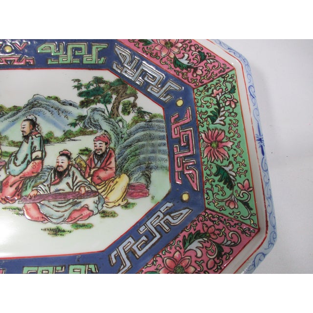 Vintage Hand Painted Enameled Platter Depicting Eight Chinese Elders For Sale - Image 4 of 10