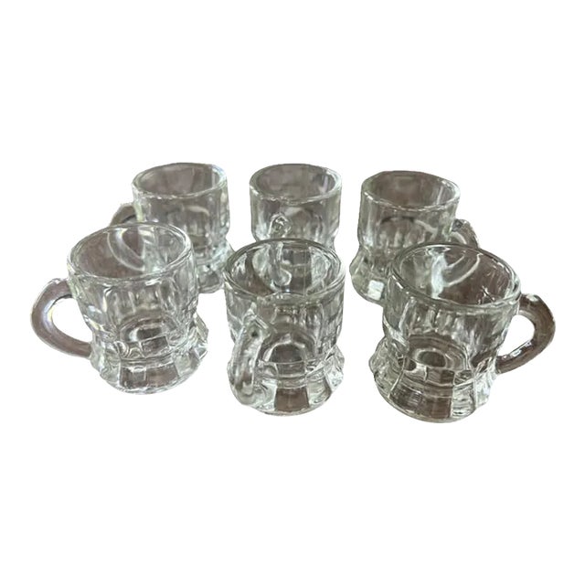 1970s Vintage Miniature Clear Glass Beer Mugs Shot Glasses or Cordials Set of 6 For Sale