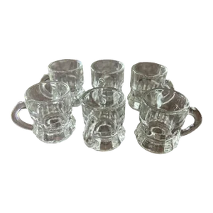 1970s Vintage Miniature Clear Glass Beer Mugs Shot Glasses or Cordials Set of 6