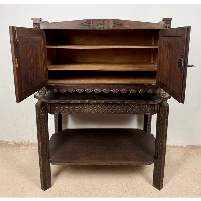 Spanish Carved Oak Bargueño on Stand, 1930 For Sale - Image 3 of 12