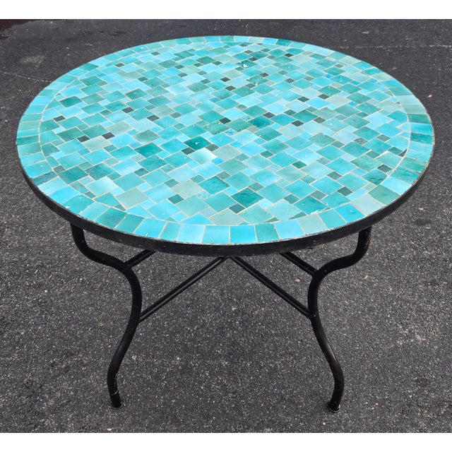 Moroccan 40" Handcrafted Emerald Aqua Moroccan Mosaic Table, Bejmat Style For Sale - Image 3 of 7