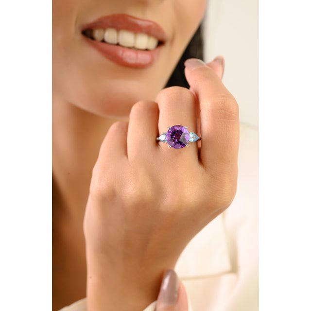 Exquisite 9.8 Mm Round Amethyst & Topaz Trio Ring in 925 Sterling Silver - Size 7.5 For Sale - Image 4 of 10