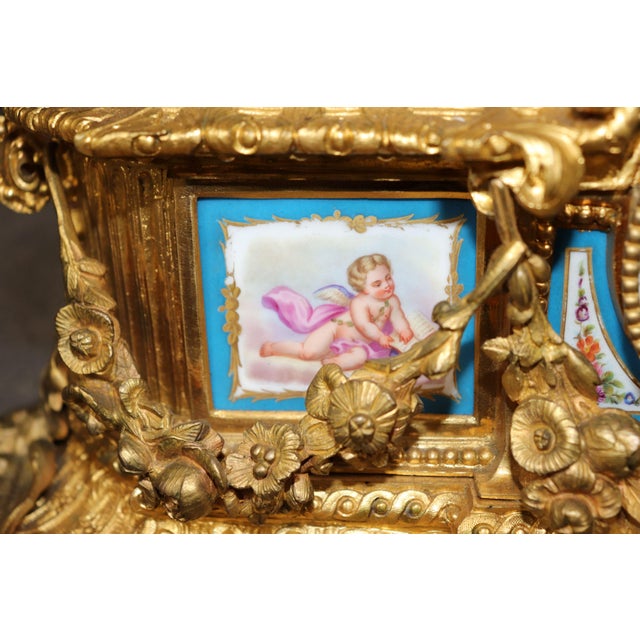 1930s Fine Quality French Dore' Bronze Figural Mantel Clock With Sevres Plaques For Sale - Image 5 of 11