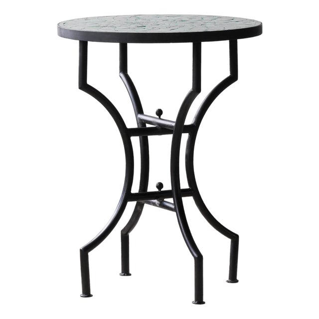 Matthew Izzo Home 24" Round Tamegroute Green Moroccan Zellige Tile Bistro Table With Iron X Base For Sale