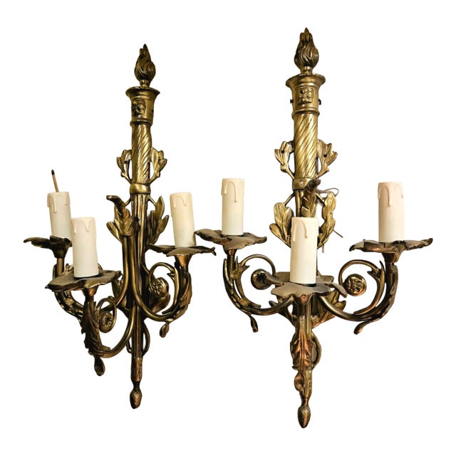 French Empire Bronze Wall Sconce Set of 2 – 4 Light Gilt Wall Candelabra For Sale