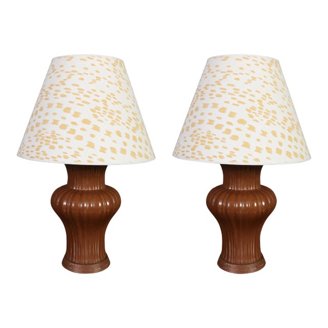 Pair of Christopher Spitzmiller Style Chocolate Brown Ceramic Lamps For Sale