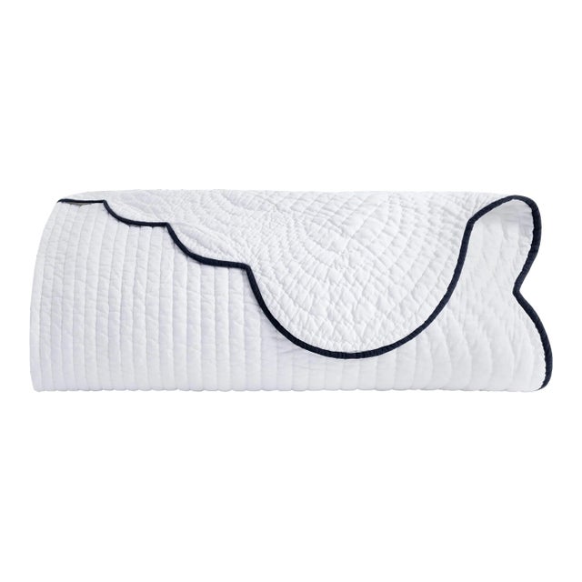 Kassatex x Chairish Quilted Scallop Queen Coverlet, White/Navy For Sale