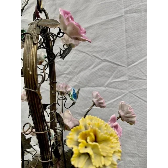 Vintage Italian Lamp Small French Cast Brass Basket Light With Original Porcelain Flowers. For Sale - Image 4 of 13