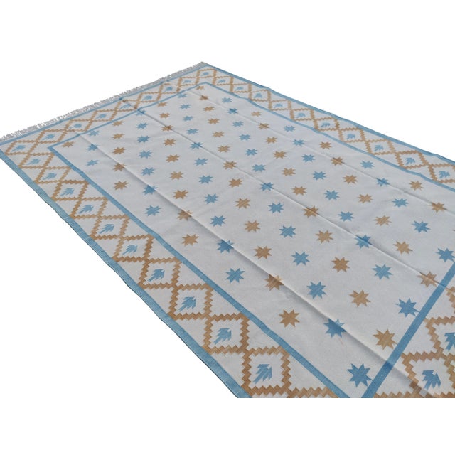 Sky Blue Handmade Cotton Vegetable Dyed White, Sky Blue and Tan Star and Gingham Rug - 8'x10' For Sale - Image 8 of 10