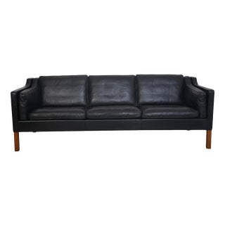 Vintage 2213 Three-Seater Sofa in Black Leather by Børge Mogensen, 1980s For Sale