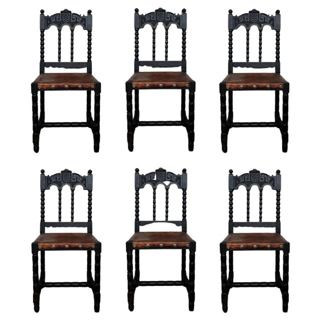 19th Carved French Oak Brown Leather Lion Dining Chairs, Henry II For Sale - Image 15 of 18