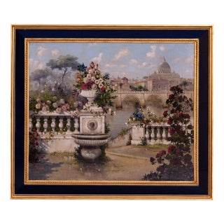Antonio Celli, Lush Garden with a View of St. Peter's Basilica, Oil on Canvas For Sale