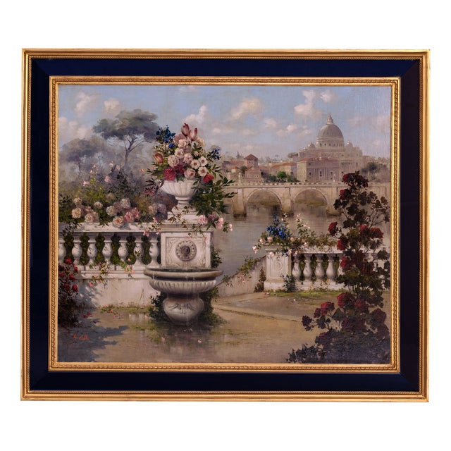 Antonio Celli, Lush Garden with a View of St. Peter's Basilica, Oil on Canvas For Sale